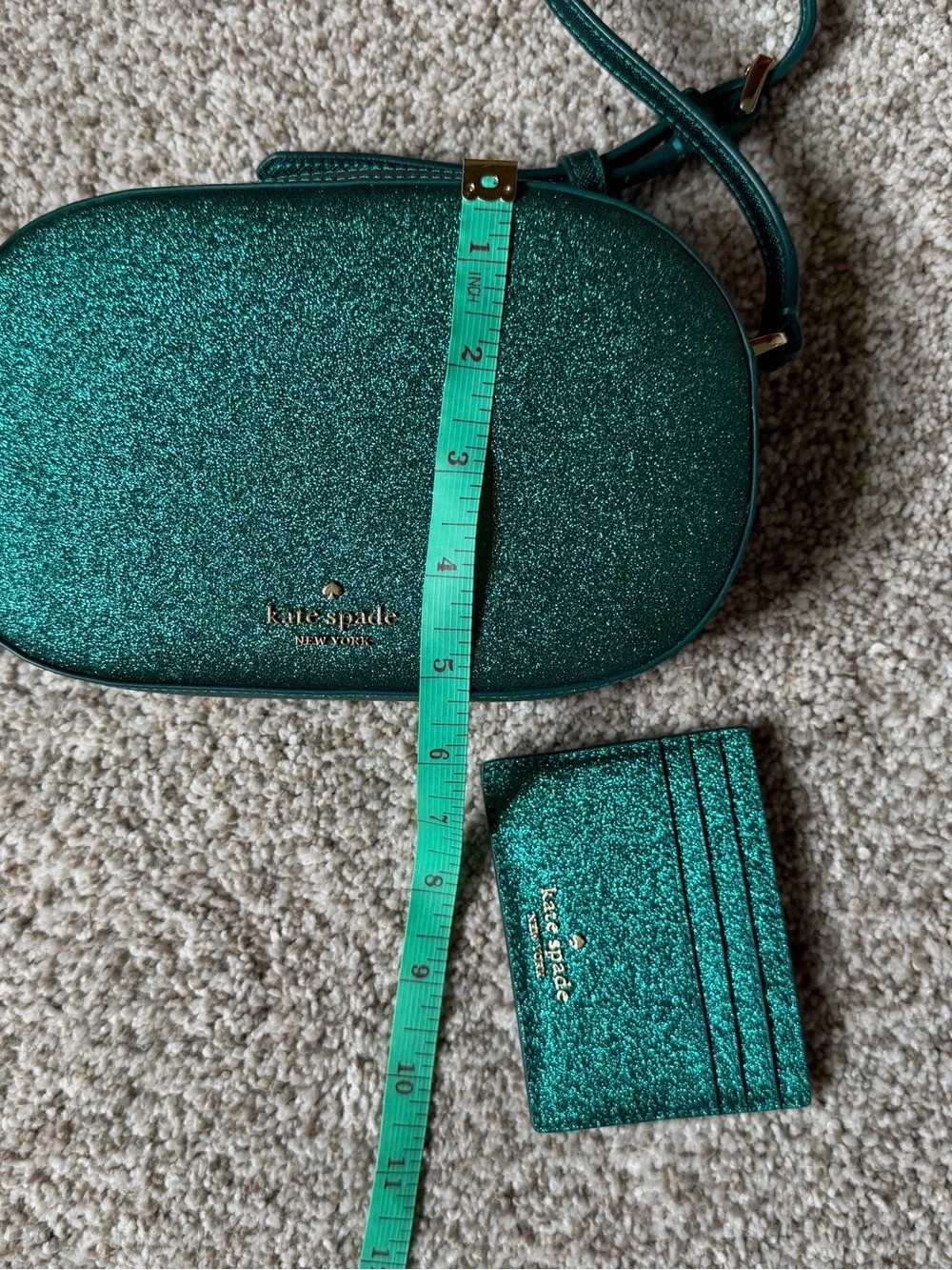 Kate Spade New York green glitter crossbody bag and card holder set